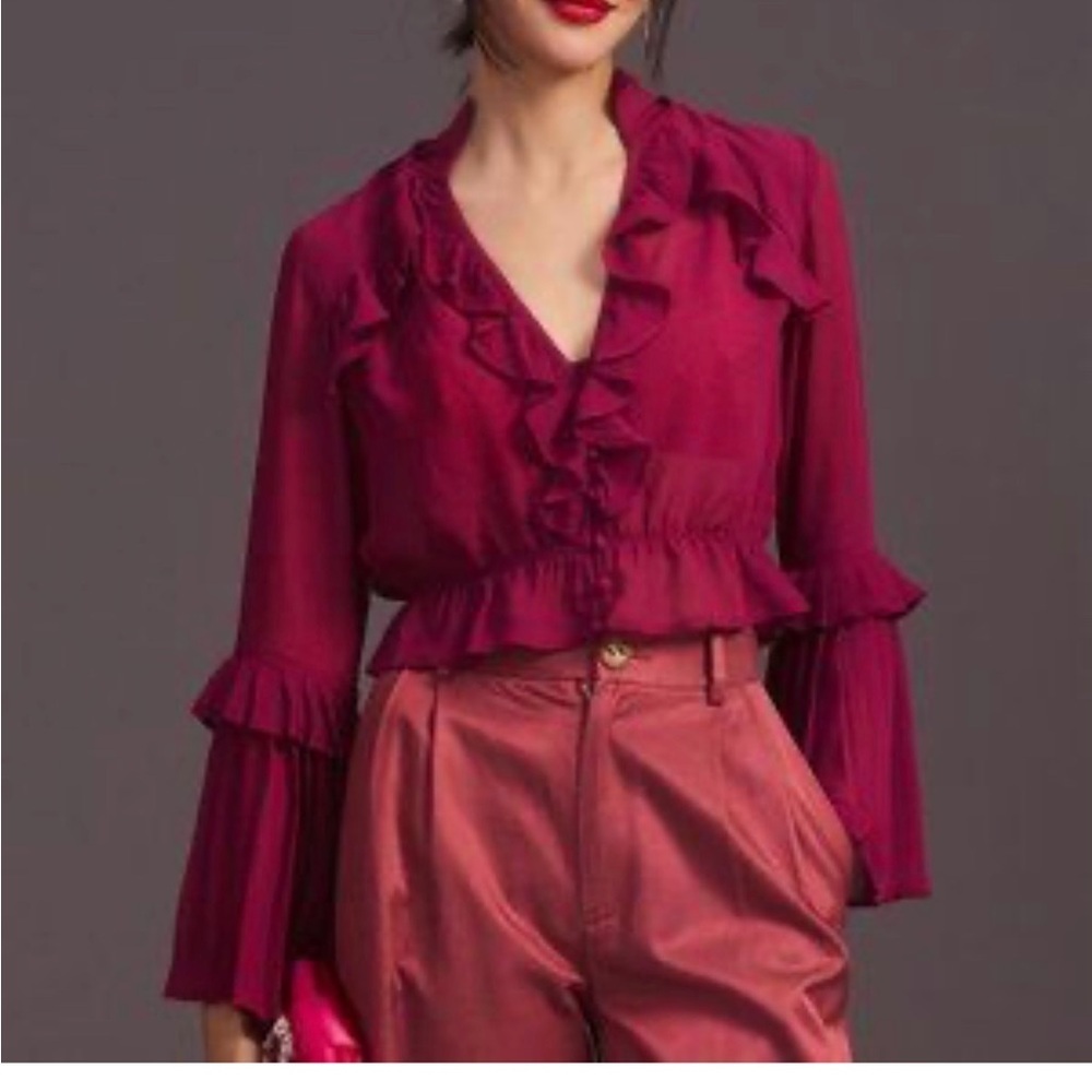 Anthropologie maroon sheer neck Ruffled Blouse size small